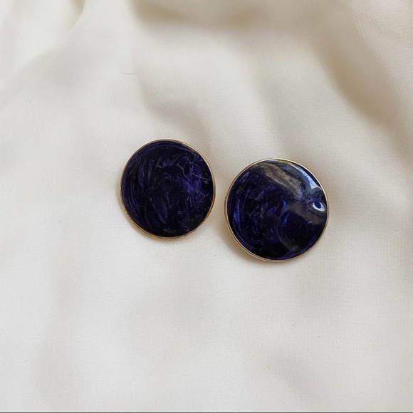 VTG Deep Blue Marbled Round Gold Clip Earrings - Picture 4 of 5